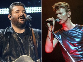 Chris Young performs at the 56th annual Academy of Country Music Awards in Nashville, Tenn., on April 16, 2021, left, and David Bowie performs during a concert in Hartford, Conn., on Sept. 14, 1995. Young's latest single, "Young Love & Saturday Nights," samples Bowie's 1974 hit "Rebel Rebel." Bowie, whose extensive music catalog was sold to Warner Chappell Music last year, is credited posthumously as a songwriter on the track, making it one of the genre-melding icon's few forays into country music. (AP Photo)