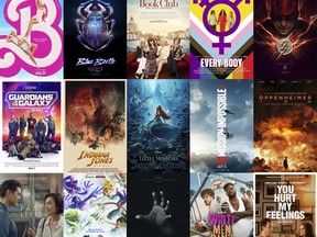 This combination of photos shows promotional art for films, top row from left, "Barbie," "Blue Beetle," "Book Club: The Next Chapter," "Every Body," "The Flash," second row from left, "Guardians of the Galaxy, Volume 3," "Indiana Jones and the Dial of Destiny," "The Little Mermaid," "Mission: Impossible - Dead Reckoning Part I," "Oppenheimer," bottom row from left, "Past Lives," "Ruby Gillman, Teenage Kraken," "Talk To Me," "White Men Can't Jump," and "You Hurt My Feelings." (Warner Bros., Warner Bros., Focus Features, Focus Features, Warner Bros., Marvel Studios, LucasFilms, Disney, Paramount, Universal, A24, Universal, A24, 20th Century Studios and A24 via AP)