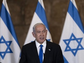 FILE - Israel's Prime Minister Benjamin Netanyahu speaks at the weekly cabinet meeting, in the Western Wall tunnels in the Old City of Jerusalem, Sunday, May 21, 2023. Netanyahu's office said early Sunday, July 23, that he was undergoing a procedure to receive a pacemaker.