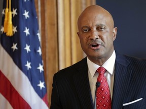 FILE - Indiana Attorney General Curtis Hill speaks during a news conference at the Statehouse in Indianapolis, July 9, 2018. The former Indiana attorney general announced Monday, July 10, 2023, that he is entering the 2024 Republican governor's race nearly three years after his reelection bid was derailed by allegations that he drunkenly groped four women during a party.