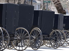 This April 10, 2002 photo shows Amish buggies