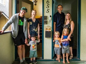 Chris Nichols (left) and Ashley Pullman with August, 2. (At right) Tom Kehler and Liz Wilcox with Nathan, 3, and Graham, 5. The two families were strangers, but they pooled their money and now share a home in East Vancouver.