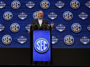 SEC Commissioner Greg Sankey speaks during the NCAA college football Southeastern Conference Media Days, Monday, July 17, 2023, in Nashville, Tenn.