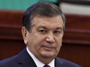FILE - Uzbek President Shavkat Mirziyoyev speaks during the presidential inauguration ceremony in Tashkent, Uzbekistan, Wednesday, Dec. 14, 2016. Uzbekistan holds a snap presidential election on Sunday, July 9, 2023, a vote that follows a constitutional referendum that extended the incumbent's term from five to seven years. President Shavkat Mirziyoyev was elected in 2021 to a second five-year term, the limit allowed by the constitution.