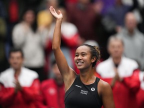 Canada's Leylah Fernandez waves to the crowd after defeating Belgium's Ysaline Bonaventure during a Billie Jean King Cup qualifiers singles match, in Vancouver, on Saturday, April 15, 2023. Fernandez heads into Wimbledon on Monday with momentum in doubles play, but needing better results in singles.