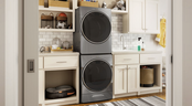 Whirlpool's Smart Front Load Washer and Dryer are stackable — great for smaller spaces like a mudroom or closet.