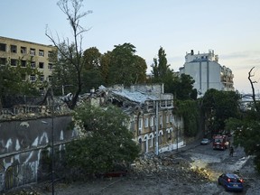 A building is seen heavily damaged following Russian missile attacks in Odesa, Ukraine, Sunday, July 23, 2023.