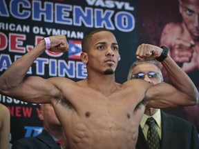 FILE - Puerto Rican boxer Felix Verdejo poses after his weigh-in at Madison Square Garden in New York, June 10, 2016. A jury on Friday, July 28, 2023, found Verdejo guilty on two of four charges in the murder of Kelshla Rodriguez.