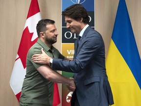 Ukrainian President Volodymyr Zelenskyy with Prime Minister Justin Trudeau.