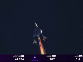 This still image taken from a video from Virgin Galactic on Aug. 10, 2023, shows the launch of its private astronaut mission Galactic 02, at Spaceport America in Truth or Consequences, N.M.