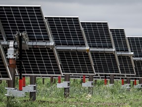 Solar panels pictured at the Michichi Solar project near Drumheller, Alta., Tuesday, July 11, 2023.