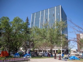 Makeshift tents sit in front of City Hall as people who deal with homelessness set up camp on Friday, June 23, 2023 in Regina.