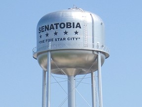 A water tower in Senatobia, Mississippi.