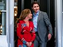 Sophie Grégoire Trudeau and Justin Trudeau outside Rideau Cottage in Ottawa, where the prime minister will continue to live with their children after the couple's separation, while Sophie lives nearby.