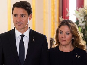 Prime Minister Justin Trudeau and his wife, Sophie Grégoire Trudeau, arrive to sign a book of condolence at Lancaster House in London, England, on Sept. 17, 2022, following the death of Queen Elizabeth.