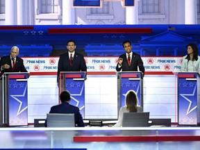 Mike Pence, Vivek Ramaswamy, Nikki Haley and Ron DeSantis at the first Republican Presidential primary debate.