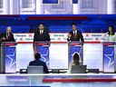 From left, former U.S. Vice President Mike Pence, entrepreneur and author Vivek Ramaswamy, former Governor from South Carolina and UN ambassador Nikki Haley, and Florida Governor Ron DeSantis during the first Republican Presidential primary debate in Milwaukee, Wisconsin, on August 23, 2023.