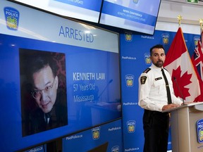 Authorities in Ontario and across the world are investigating the alleged online operation run by Kenneth Law, the Mississauga, Ont., man accused of mailing a lethal substance to people at risk of self-harm. Insp. Simon James of York Regional Police speaks to the media during a press conference regarding the case of an Ontario man accused of selling a deadly substance online, in Mississauga, Ont., Tuesday, Aug. 29, 2023.