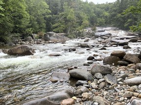 This Tuesday Aug. 15, 2023 photo provided by the New Hampshire Fish and Game Department shows Franconia Brook as is flows several hundred yards below Franconia Falls, in the White Mountain National Forest, in Lincoln, N.H. Authorities say a Massachusetts mother has drowned trying to rescue her young son who was being pulled by the current at Franconia Falls, Tuesday, Aug. 15.