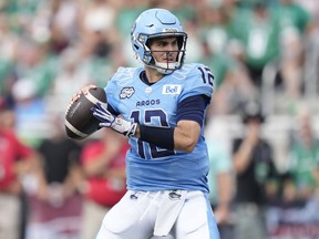 Toronto Argonauts quarterback Chad Kelly looks to throw during the first half of CFL action against the Saskatchewan Roughriders in Halifax on Saturday, July 29, 2023. Kelly will return under centre Sunday when Toronto hosts the Ottawa Redblacks, looking to resume its winning ways.&ampnbsp;THE CANADIAN PRESS/Darren Calabrese