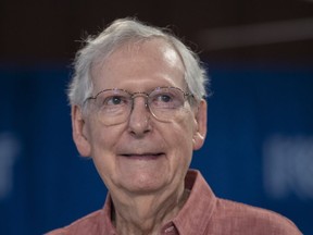 Senate Minority Leader Mitch McConnell, R-Ky., smiles during the annual St. Jerome Fancy Farm Picnic in Fancy Farm, Ky., Aug. 5, 2023.