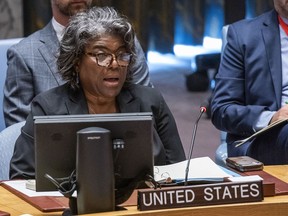 Linda Thomas-Greenfield, United States ambassador to the United Nations speaks during the UN Security Council meeting to discuss the maintenance of peace and security of Ukraine, Friday, July 21, 2023, at United Nations headquarters.