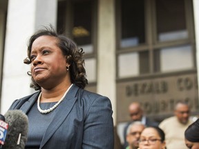 FILE - DeKalb County District Attorney Sherry Boston speaks during a news conference in front of the DeKalb County Courthouse in Decatur, Ga., Oct. 14, 2019. Boston is one of four district attorneys challenging a Georgia law creating a commission to discipline and remove prosecutors in a lawsuit filed Wednesday, Aug. 2, 2023.