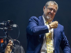 Bernardo Arévalo, presidential candidate with Seed Movement party, gestures after delivering his speech during the closing campaign rally at Constitution square in Guatemala City, Wednesday, Aug. 16, 2023. Arevalo faces rival and former first lady Sandra Torres of the UNE party in the Aug. 20 runoff election.