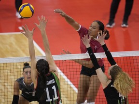 Canada's Alexa Gray hits against Mexico during NORCECA senior women's volleyball continental championship action in Laval, Que., in this Tuesday, August 29, 2023 handout photo. Canada opened the NORCECA senior women's volleyball continental championship on Tuesday night by bumping off Mexico in straight sets.