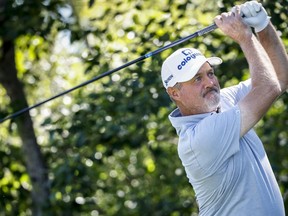 Jerry Kelly, of the United States, hits from the 15th tee during the PGA Tour Champions Shaw Charity Classic golf event in Calgary, Alta., Sunday, Aug. 7, 2022. After winning three times on the PGA Tour Champions circuit last year, Kelly has yet to find a way to return to that same form this season.