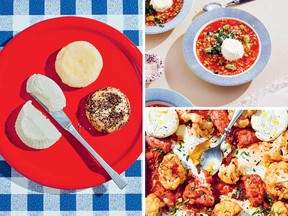 Clockwise from left: ġbejniet (sheep's milk cheeselets), pasta bead and fava bean soup, and sausage and cauliflower with eggs and ġbejniet recipes