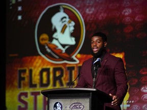 Florida State defensive lineman Jared Verse speaks during the Atlantic Coast Conference NCAA college football media days Wednesday, July 26, 2023, in Charlotte, N.C.