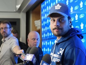 Toronto Maple Leafs centre Auston Matthews speaks to media during an end-of-season availability in Toronto, on Monday, May 15, 2023. The Maple Leafs were eliminated from the NHL playoffs by the Florida Panthers on Friday.