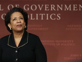 FILE - Former U.S. Attorney General Loretta Lynch looks at the audience during a conference at Harvard University's Kennedy School of Government, Friday, April 7, 2017, in Cambridge, Mass. Northwestern has hired former U.S. Attorney General Attorney General Loretta Lynch to lead an investigation into the culture of its athletic department and its anti-hazing procedures following allegations of abusive behavior and racism within the football program and other teams.