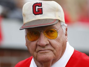 FILE - Sonny Seiler looks on from the sideline during the second half of an NCAA college football game against Georgia Tech, Nov. 28, 2015, in Atlanta. Seiler, an attorney who owned the University of Georgia's famed line of "Uga" bulldog mascots and served as lead defense counsel in a notorious case that was chronicled in "Midnight in the Garden of Good and Evil," died Monday, Aug. 28, 2023, in his hometown of Savannah, Ga. He was 90.