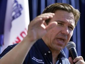 FILE - Republican presidential candidate Florida Gov. Ron DeSantis speaks during a Fair-Side Chat at the Iowa State Fair, Aug. 12, 2023, in Des Moines, Iowa. DeSantis said Saturday, Aug 26, 2023, in a post on the social media site X, formerly known as Twitter, that he has directed state emergency officials begin preparations for a storm.