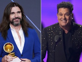 This combination of photos shows, from left, Juanes with the award for best pop rock album for "Origen" at the 22nd annual Latin Grammy Awards on Nov. 18, 2021, in Las Vegas and Carlos Vives accepting the Legacy Award at the Latin American Music Awards on April 20, 2023, in Las Vegas. Colombian superstars Vives and Juanes have teamed up for the first time, ever, to remake the Carlos Huertas' vallenato classic, "Las Mujeres." (AP Photo)
