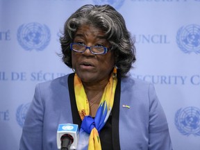 FILE -Linda Thomas-Greenfield, United States Ambassador to the United Nations, speaks after a meeting of the United Nations Security Council to discuss the war in Ukraine, Thursday, Aug. 24, 2023, at United Nations headquarters. The United States and its allies clashed Friday, Aug. 25, 2023 with North Korea, Russia and China over Pyongyang's failed attempts to launch a spy satellite and who is responsible for escalating tensions on the Korean Peninsula. U.S. Ambassador Linda Thomas-Greenfield said the DPRK had again defied Security Council resolutions by pursuing its unlawful ballistic missile program.