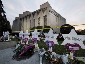 FILE - A makeshift memorial stands outside the Tree of Life Synagogue in the aftermath of a deadly shooting in Pittsburgh, Oct. 29, 2018. Robert Bowers, the man who killed 11 congregants at the Pittsburgh synagogue, was formally sentenced to death on Thursday, Aug. 3, 2023, one day after a jury determined that capital punishment was appropriate for the perpetrator of the deadliest attack on Jews in U.S. history.