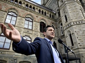 Conservative Leader Pierre Poilievre speaks at a news conference.
