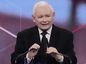 FILE - Jaroslaw Kaczynski, the head of Poland's ruling Law and Justice party, speaks to a party convention in Warsaw, Poland, Sunday, May 14, 2023. Poland's ruling party leader Jaroslaw Kaczynski said Friday, Aug. 11, 2023, that Polish voters will be asked to decide whether they support the sell-off of state-owned enterprises in a referendum, saying it would be about "whether the wealth of generations will remain in Polish hands."