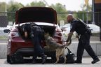 U.S. Customs and Border Protection officers search vehicles with the help of a canine at the Peace Bridge Port of Entry in Buffalo, N.Y. on Tuesday, May 23, 2023.