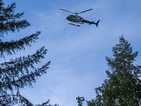 An RCMP helicopter is seen patrolling the Fairy Creek logging area near Port Renfrew, B.C., on Monday, Oct. 4, 2021. Mounties are back enforcing an injunction on Vancouver Island less than a week after the Supreme Court of Canada confirmed the acquittal of a protester at the same site because police failed to fully read out the court's order.