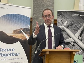 New Zealand Defense Minister Andrew Little speaks as he was releasing a defense policy paper in Wellington, New Zealand, Friday, Aug. 4, 2023. New Zealand said Friday it plans to boost its defense capabilities as tensions rise in the Pacific, due in part to a military buildup by China.