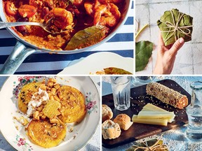 Clockwise from top left: prawn saganaki with feta and olives, sykomaida (traditional dried fig 'salami') and tzaletia (corn and currant pancakes with apple and honeycomb)