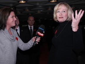 Sophie Gregoire (L), wife of Justin Trudeau, interviews Laureen Harper (R), wife of the Prime Minister, at Ottawa's red carpet premier of Barney's Version, at the National Arts Centre, on November 02, 2010, in Ottawa, Ont..