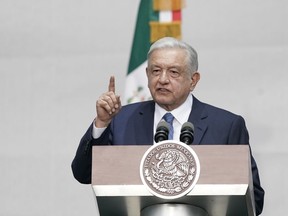 FILE - Mexico's President Andres Manuel Lopez Obrador speaks during a rally marking his fifth anniversary in office, at the Zocalo in Mexico City, July 1, 2023. Mexico's president posed a question Wednesday, Aug. 9, 2023 that nobody was really asking: why, if a woman criticizes him, he isn't considered victim of gender violence. Mexico has strict political regulations that forbid questioning someone's competence based on their gender.