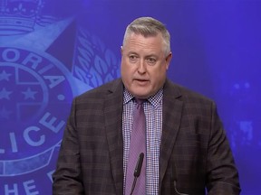 In this image from a video, Victoria Police Det. Inspector Dean Thomas speaks during a press conference in Melbourne Monday, Aug. 7, 2023. Australian police on Wednesday, Aug. 9 were trying to figure out how three people died and a fourth became critically ill after apparently eating wild mushrooms at a family lunch. (Australian Broadcasting Corp. via AP)