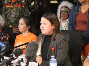 English River First Nation Chief Jenny Wolverine, centre, says it's believed 79 areas at the Beauval Indian Residential School could be the size of possible children's graves and 14 are the size of infants, Saskatoon, Wednesday, August 29, 2023.THE CANADIAN PRESS/Kelly Geraldine