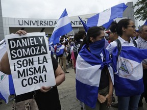 FILE - Demonstrators protest outside the Jesuit-run Universidad Centroamericana, UCA, demanding the university's allocation of its share of 6% of the national budget in Managua, Nicaragua, Aug. 2, 2018. The Jesuits announced Wednesday, Aug. 16, 2023, that Nicaragua's government has confiscated the UCA, one of the region's most highly regarded colleges.